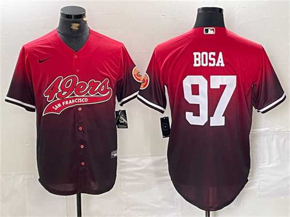 Mens San Francisco 49ers #97 Nick Bosa Red Black With Patch Cool Base Baseball Stitched Jersey